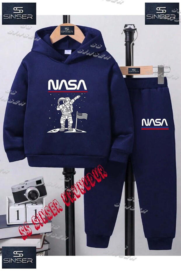Children's Unisex Hooded Tracksuit Set with the Print of "Astronaut Beyz Ust Nasa Yazi"