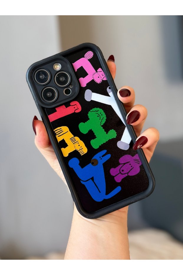 iPhone 14 Promax Colorful Patterned Black Shockproof Case