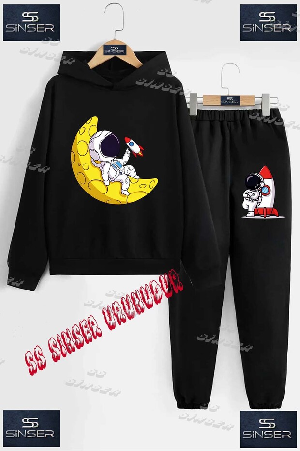 Children's Unisex Printed Hooded Tracksuit Set with the Text: "Astronaut Reaching for the Yellow Moon".