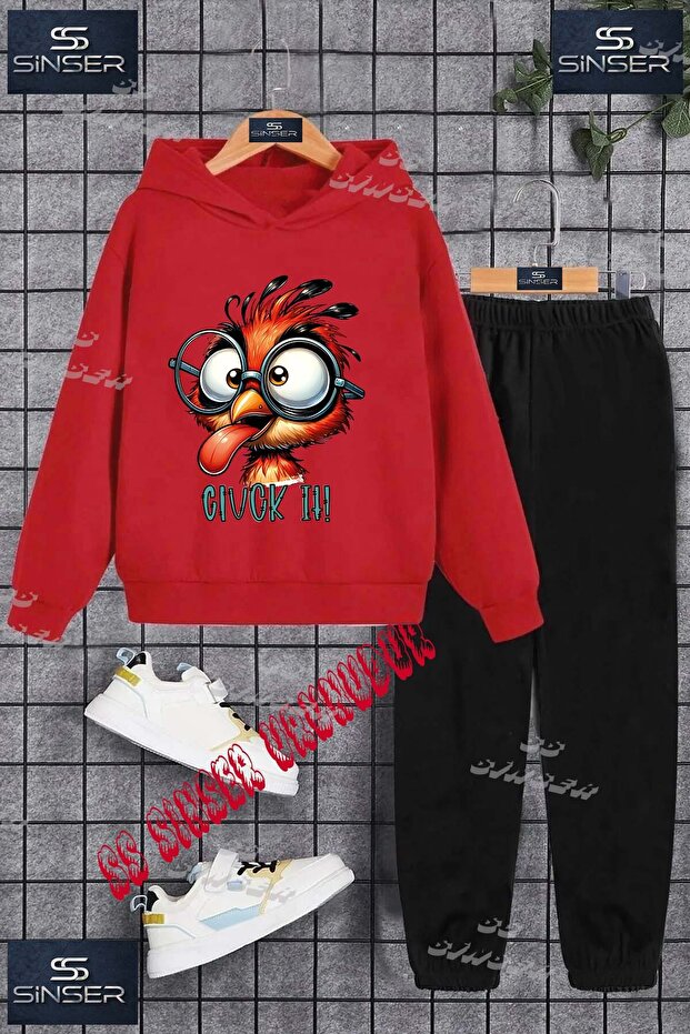 Children's Unisex Printed Hooded Tracksuit Set with the Words "Kus Civck Gozluklu" Printed on It.