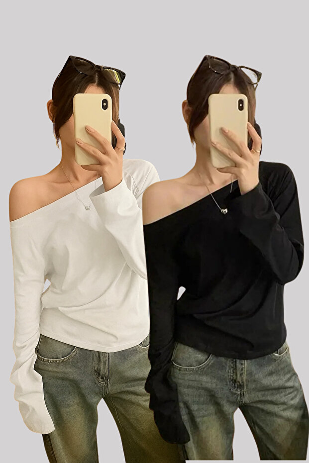 Black and White 2-Pack Women's Off-Shoulder Boat Neck Oversized Long Sleeve T-Shirt