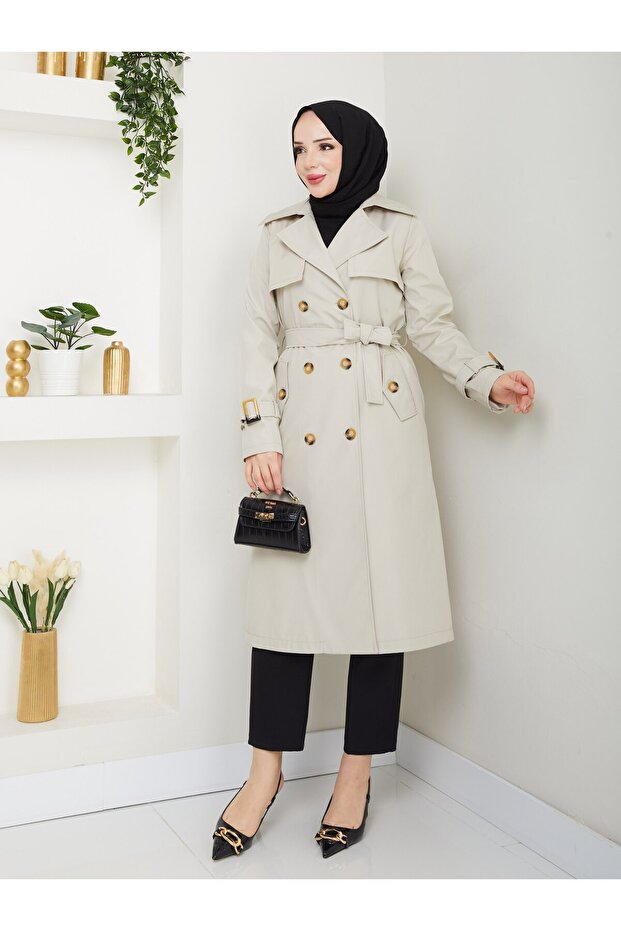 Women's Lined Trench Coat with Button Detail on the Back