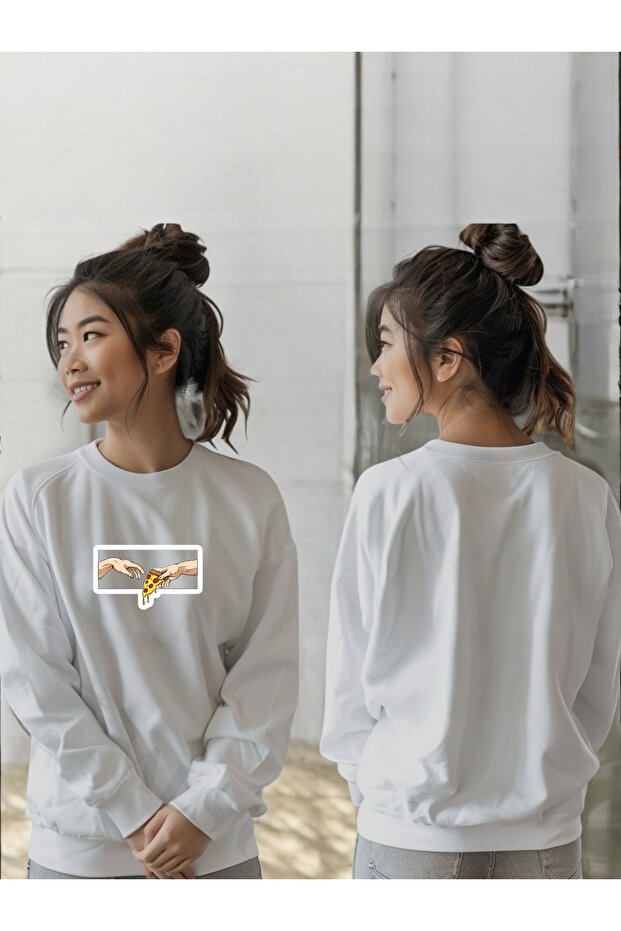 سويت شيرت برقبة دائرية وأكمام طويلة للجنسين مطبوع عليه البيتزا