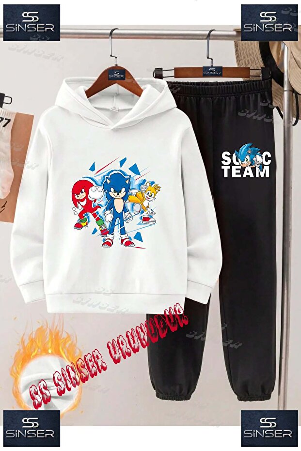 Children's Unisex Printed Hooded Tracksuit Set with the Text: "Sonic 3 Lu Kesik Boyali"