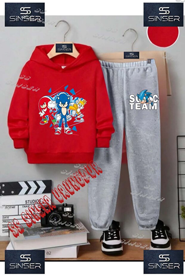 Children's Unisex Printed Hooded Tracksuit Set with the Text: "Sonic 3 Lu Kesik Boyali"