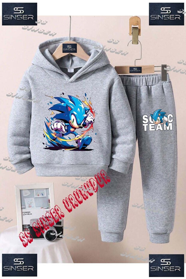 Children's Unisex Printed Hooded Tracksuit Set with the Text: "Sonic Painted Drawing Kosan"