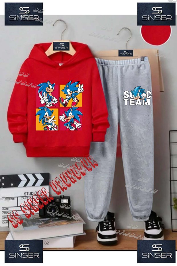 Children's Unisex Printed Hoodie and Sweatpants Set with the Text: "Sonic 4 Lu Kare Foto Icinde"
