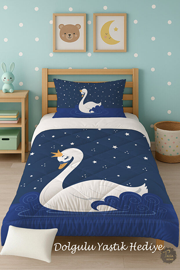 Blue Swan Patterned Single Children's Quilt Sleeping Set Tlag-223