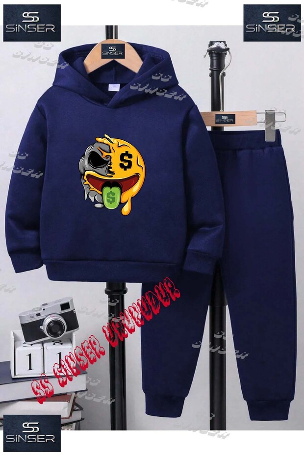 Children's Unisex Custom Printed Hoodie and Sweatpants Set with the Text: "Smile Tek Goz Dil Dolarli"