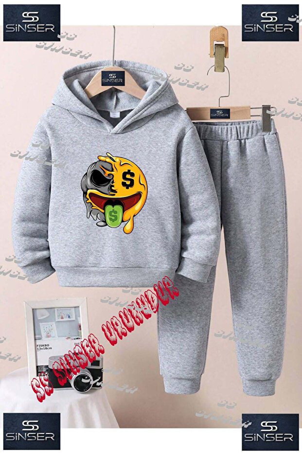 Children's Unisex Custom Printed Hoodie and Sweatpants Set with the Text: "Smile Tek Goz Dil Dolarli"