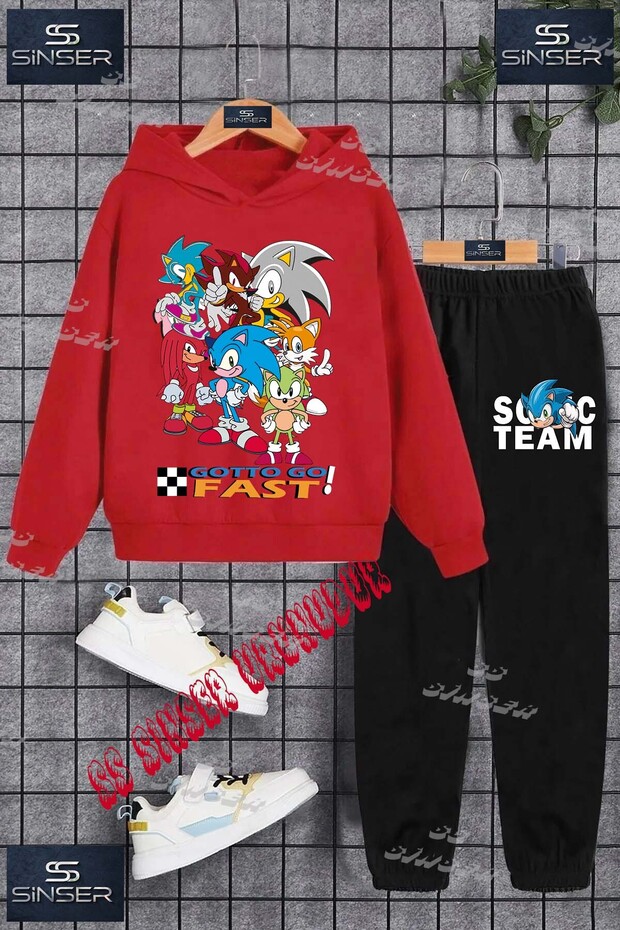 Children's Unisex "Sonic Gotto Fast Coklu" Special Printed Hooded Tracksuit Set