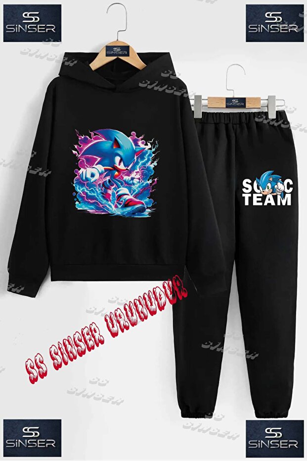Children's Unisex Special Printed Hoodie and Sweatpants Set with the Text: "Sonic Running through Lightning Bolt".