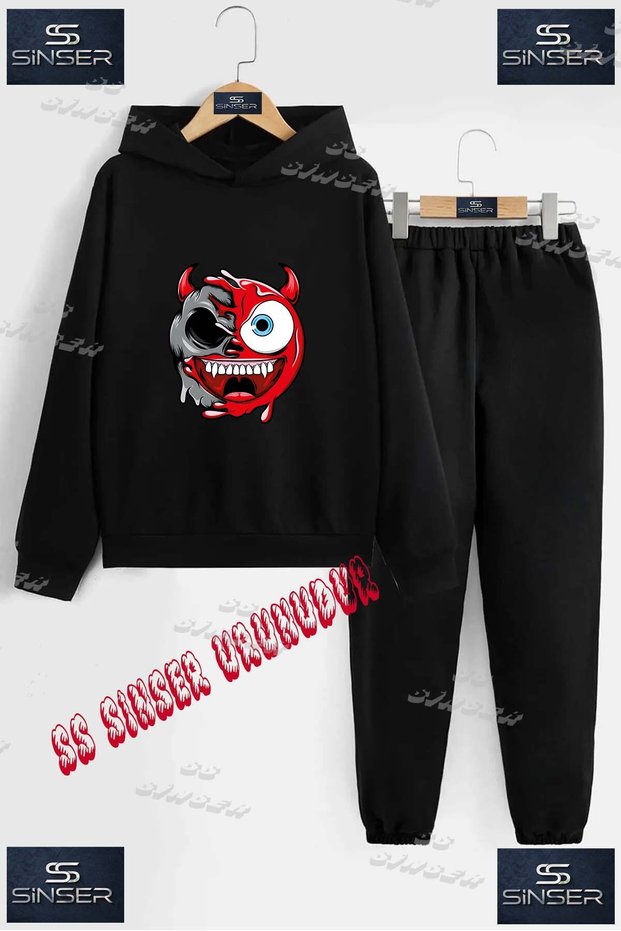 Children's Unisex "Smile Tek Goz Krmz Sytn" Special Printed Hooded Tracksuit Set