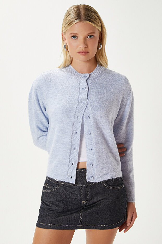 Kadın Nina Bisiklet Yaka Mavi Basic Hırka - 1