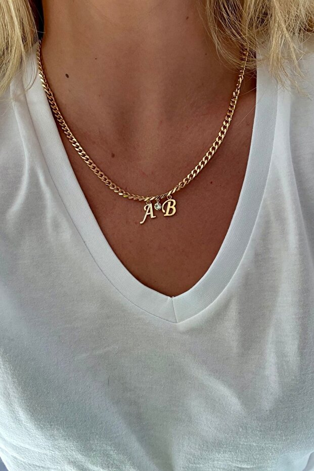 Two Letter Nostalgia Chain Zircon Stone Necklace (Specify the Letter)