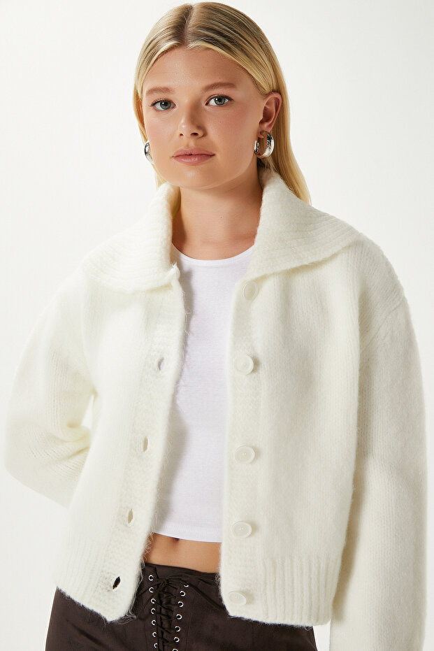 Kadın Lean Yumuşak Doku Polo Yaka Ekru Basic Triko Hırka HI00179 - 1