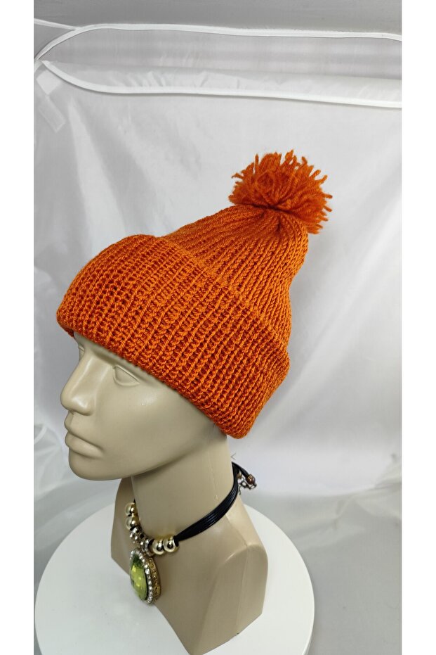 Çift Kat Turuncu Dev Ponponlu Uzun Bere - 6