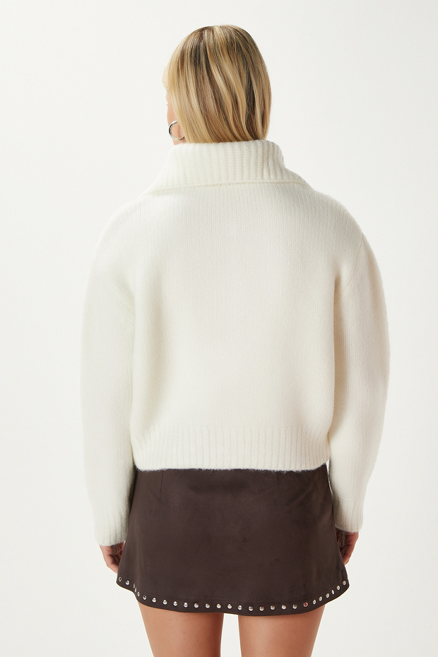 Kadın Lean Yumuşak Doku Polo Yaka Ekru Basic Triko Hırka HI00179 - 6