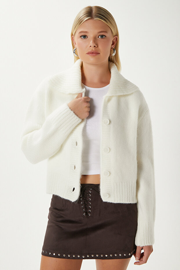 Kadın Lean Yumuşak Doku Polo Yaka Ekru Basic Triko Hırka HI00179 - 5