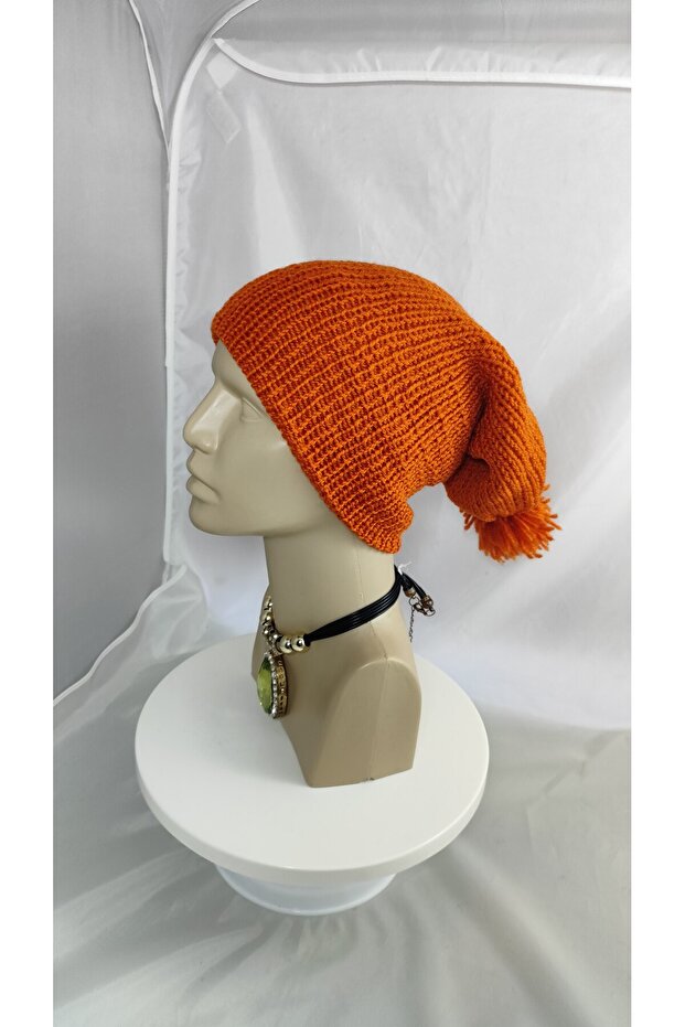 Çift Kat Turuncu Dev Ponponlu Uzun Bere - 5