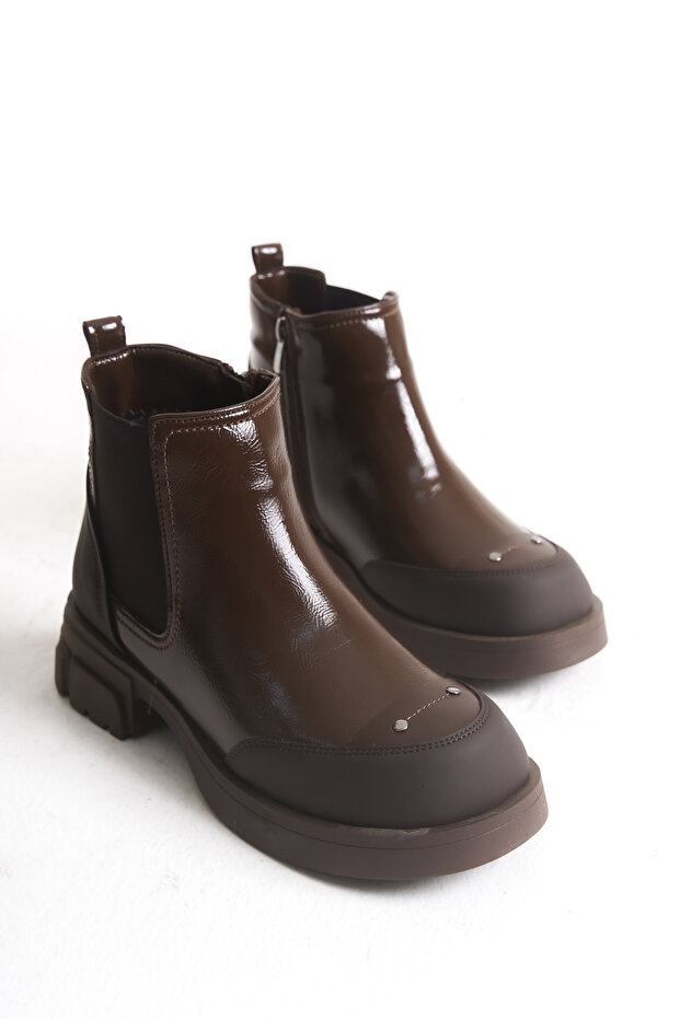 Norivena Brown Women's New Season Flat Patent Leather Elastic Daily Comfortable Fit Boots