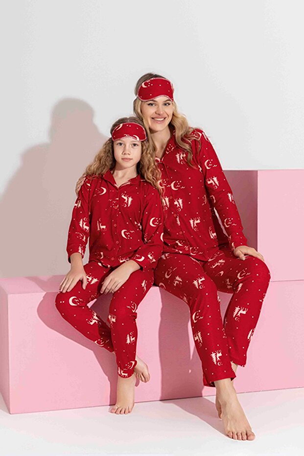 ANNE-KIZ KOMBİN YAPILABİLİR DÜĞMELİ SÜET UZUN KOLLU UYKU BANTLI AİLE BAĞI YILBAŞI PİJAMA TAKIMI-3178 - 2