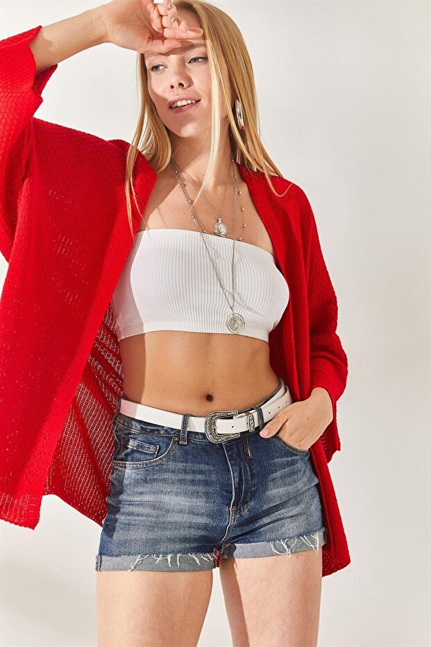 Women's Red Rice Patterned Cardigan Bat Sleeves