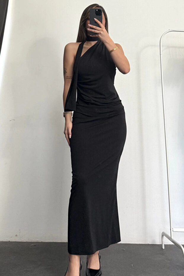 Drapeli Fular Detaylı Uzun Elbise - 2