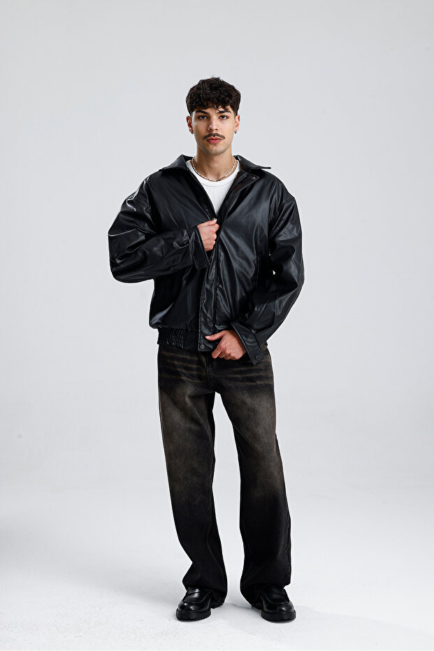 Oversize Bomber Leather Jacket - 3