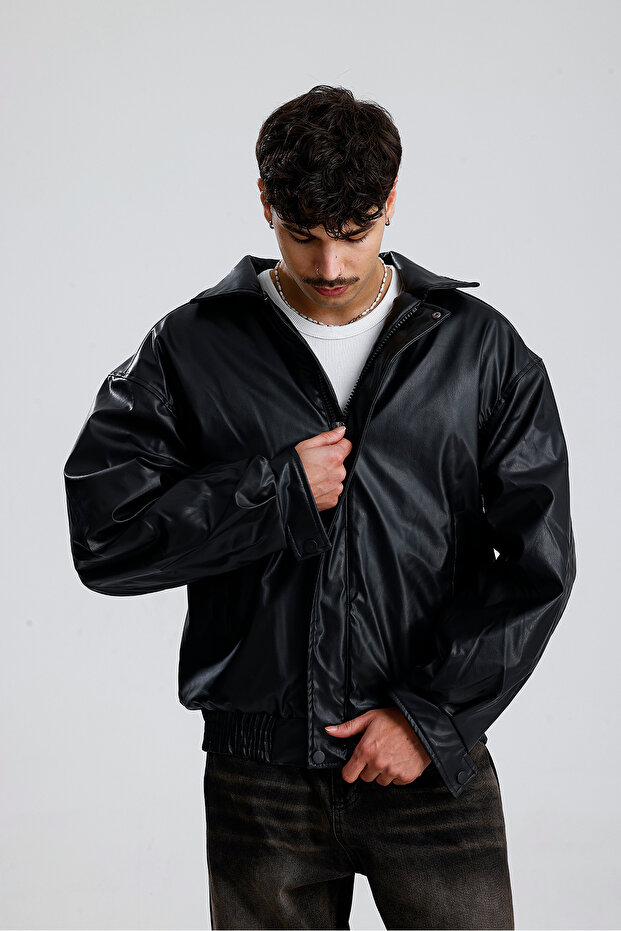Oversize Bomber Leather Jacket - 1