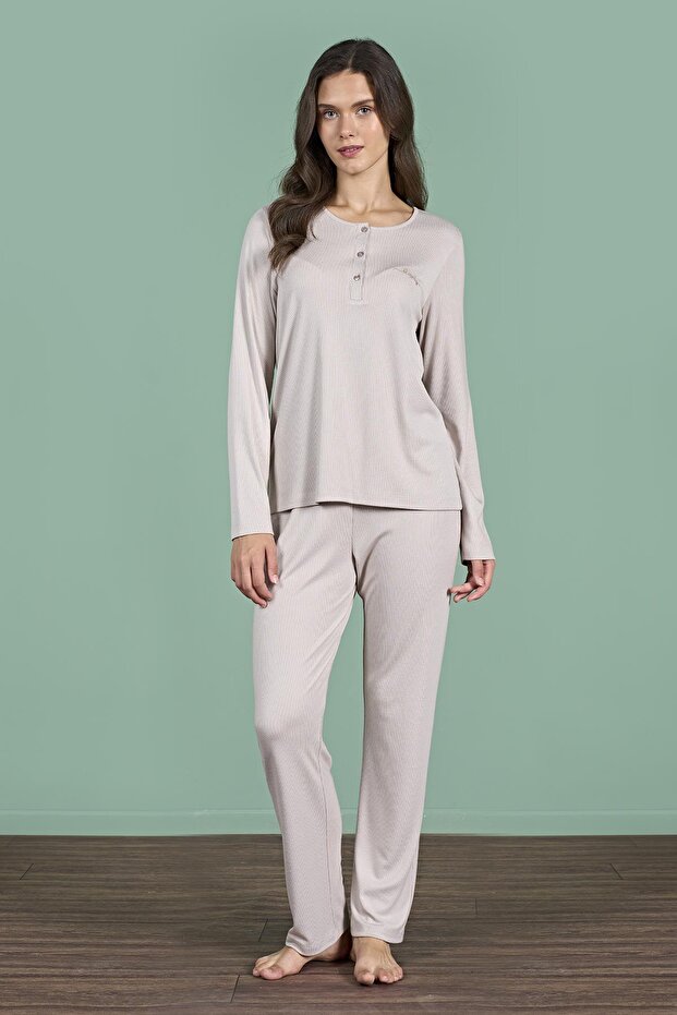 Women's Mink Color Half Button Long Sleeve Round Neck Pajama Set C2T4N91
