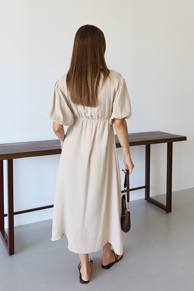 Kadın Hafif Transparan Basic Önden Bağlamalı Müslin Elbise 4043 - 8