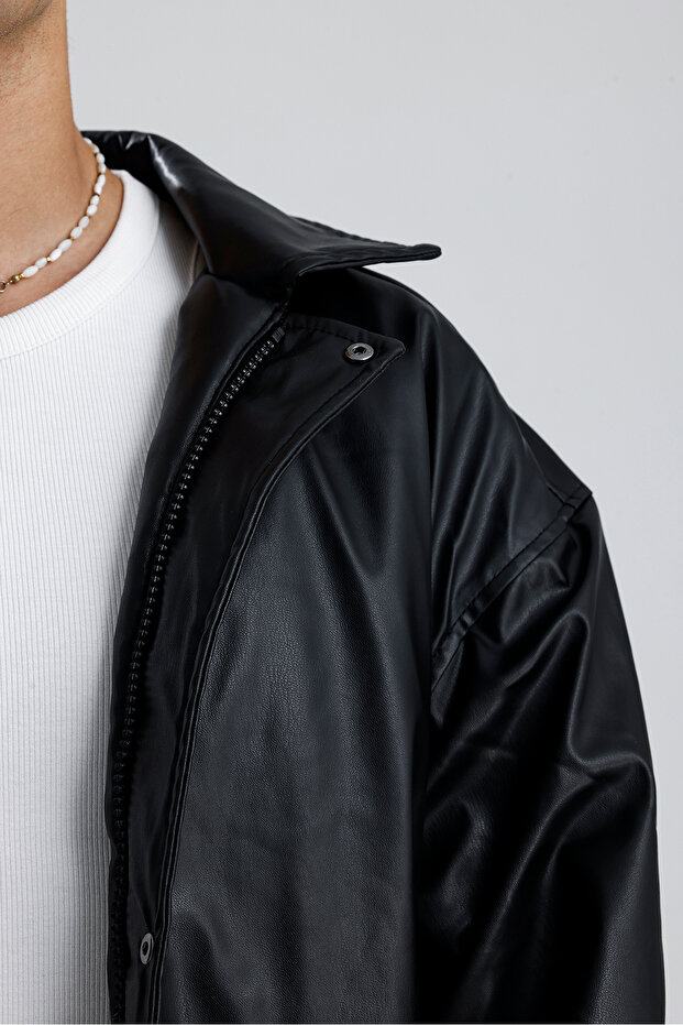 Oversize Bomber Leather Jacket - 8