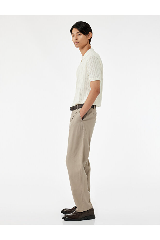 Buttoned Cotton-Linen Blend Pleated Fabric Trousers with Pocket Detail