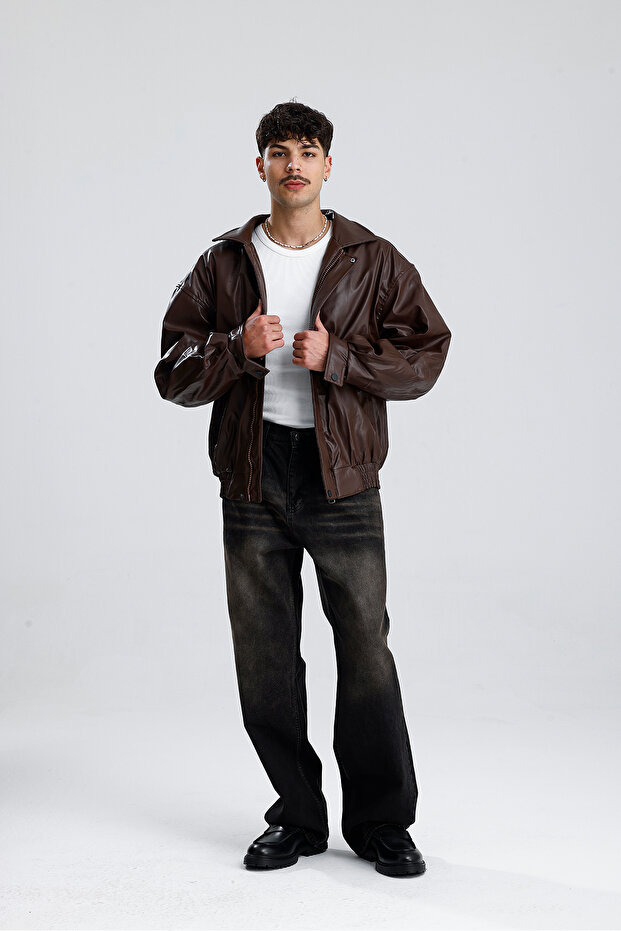 Oversize Bomber Deri Ceket - 5