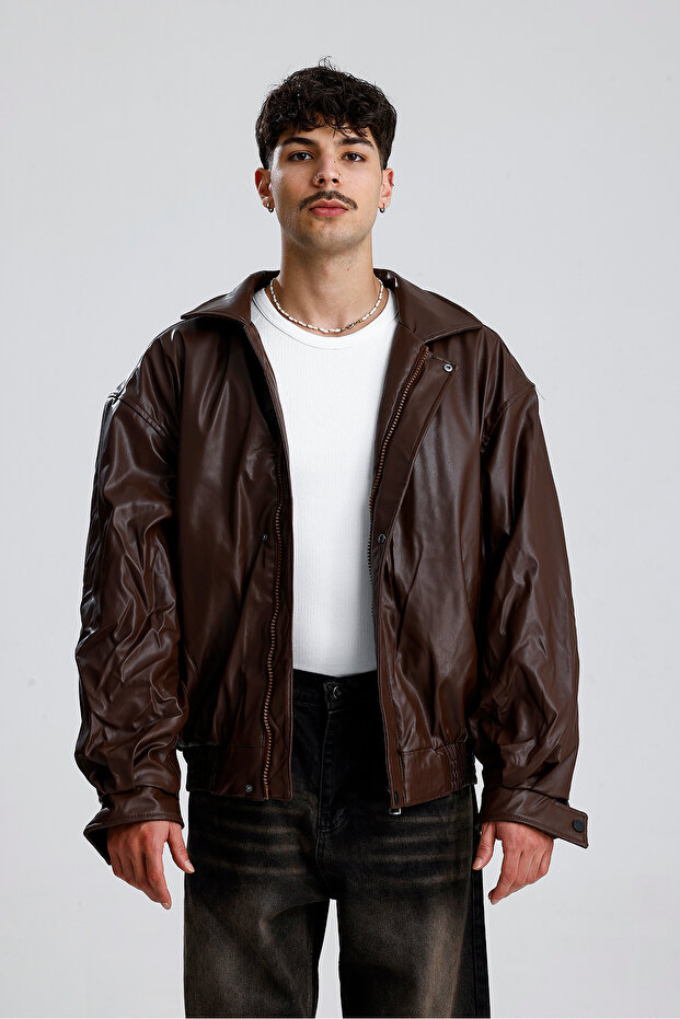 Oversize Bomber Deri Ceket - 1