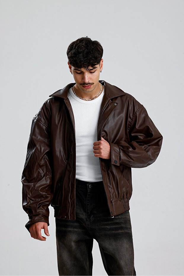 Oversize Bomber Deri Ceket - 6