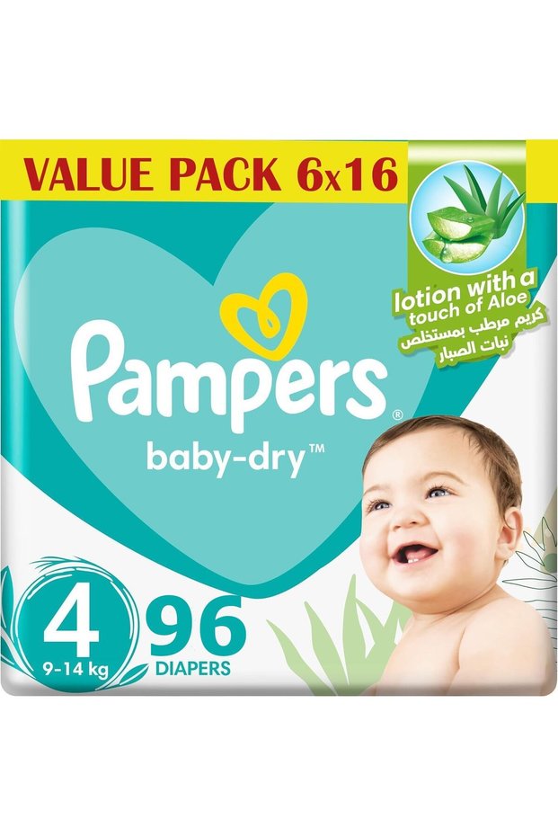 Baby Dry Taped Diapers with Aloe Vera Lotion, Size 4, 9-14kg, 96 count (16x6)