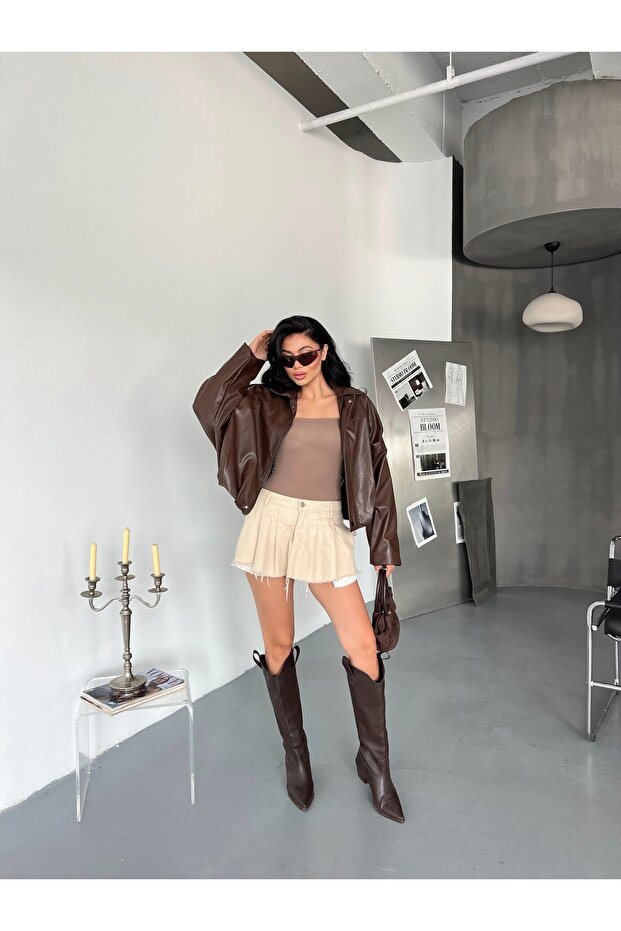 Kadın Oversize Bomber Deri Ceket - 8