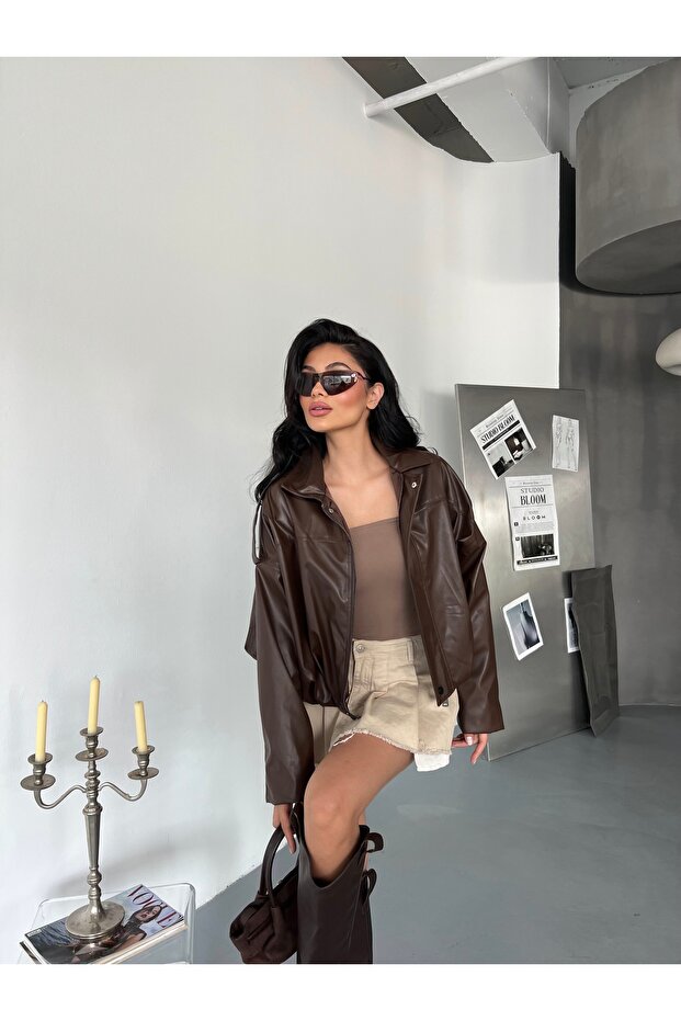 Kadın Oversize Bomber Deri Ceket - 1
