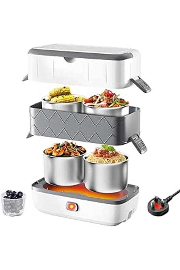 Angju Portable Self Cooking Electric Lunch Box, 2L Mini Rice Cooker, 2 Layers 4 Stainless Steel Stea