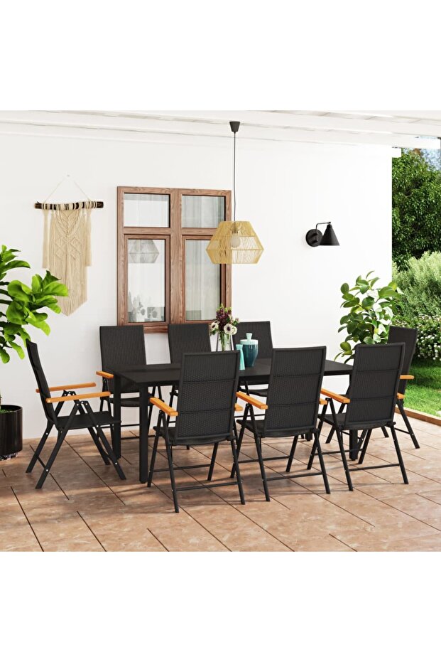 9 Piece Garden Dining Set Black and Brown