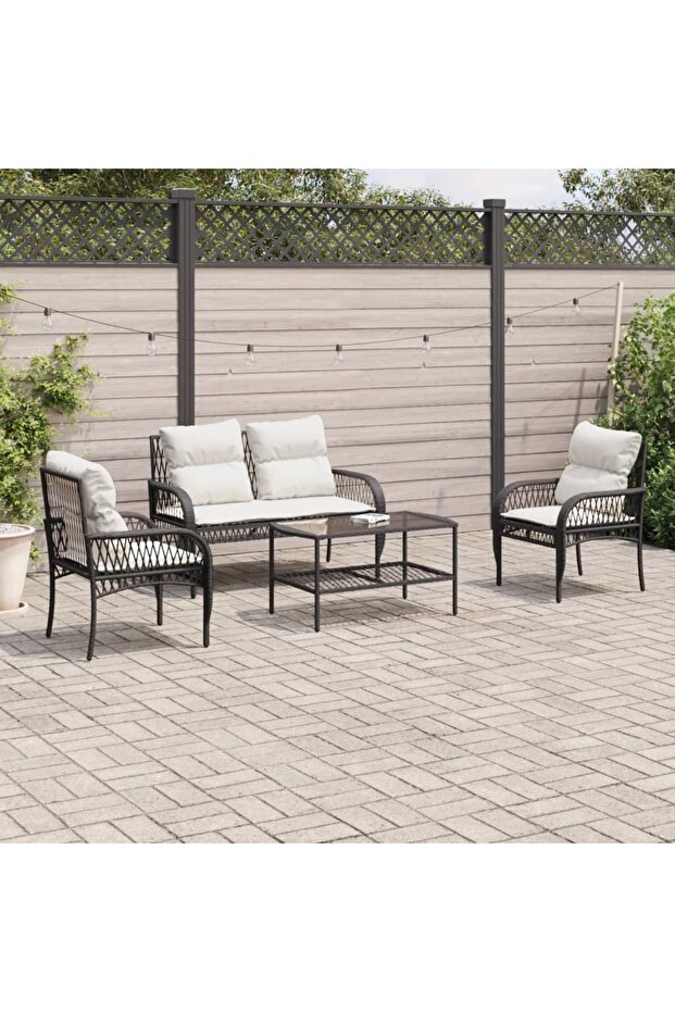 4 Piece Garden Sofa Set with Cushions Black Poly Rattan