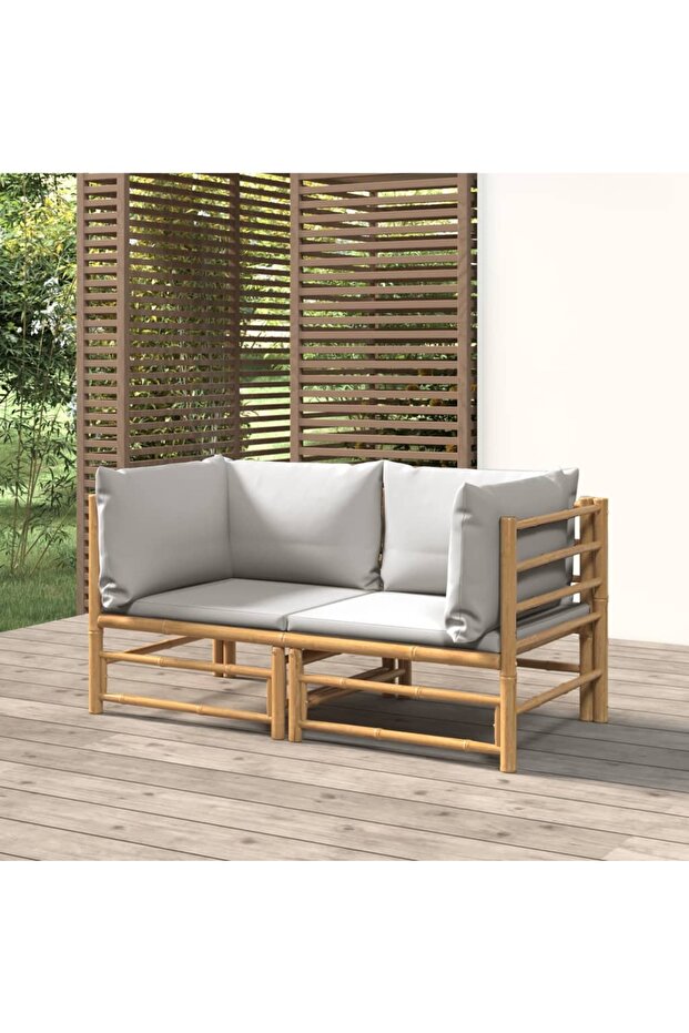 Garden Corner Sofas with Light Grey Cushions 2 pcs Bamboo