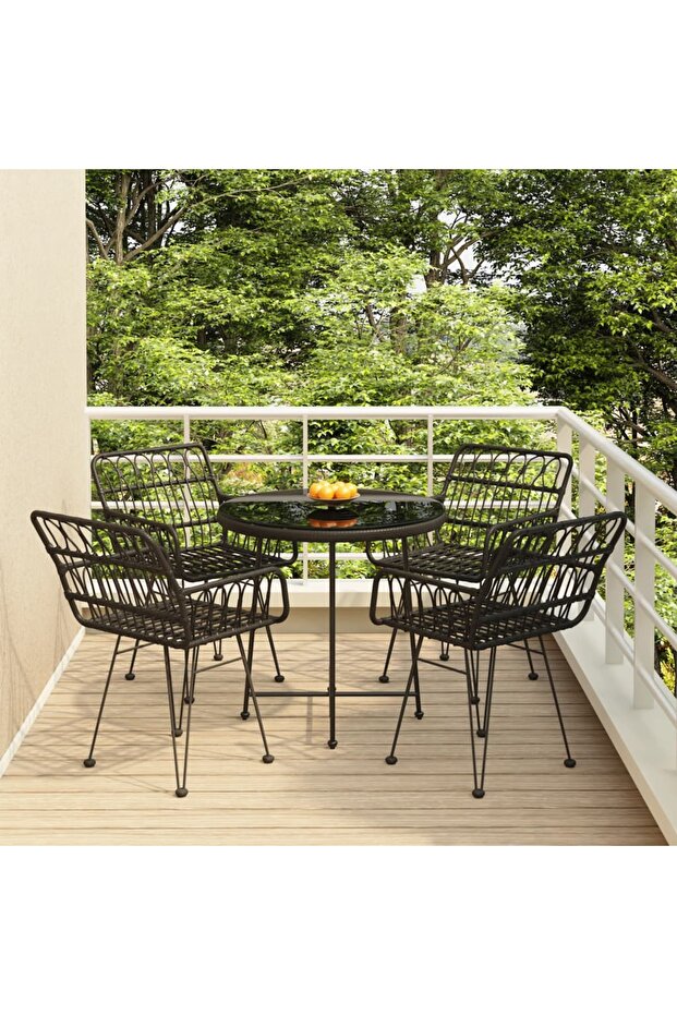 5 Piece Garden Dining Set Black Poly Rattan