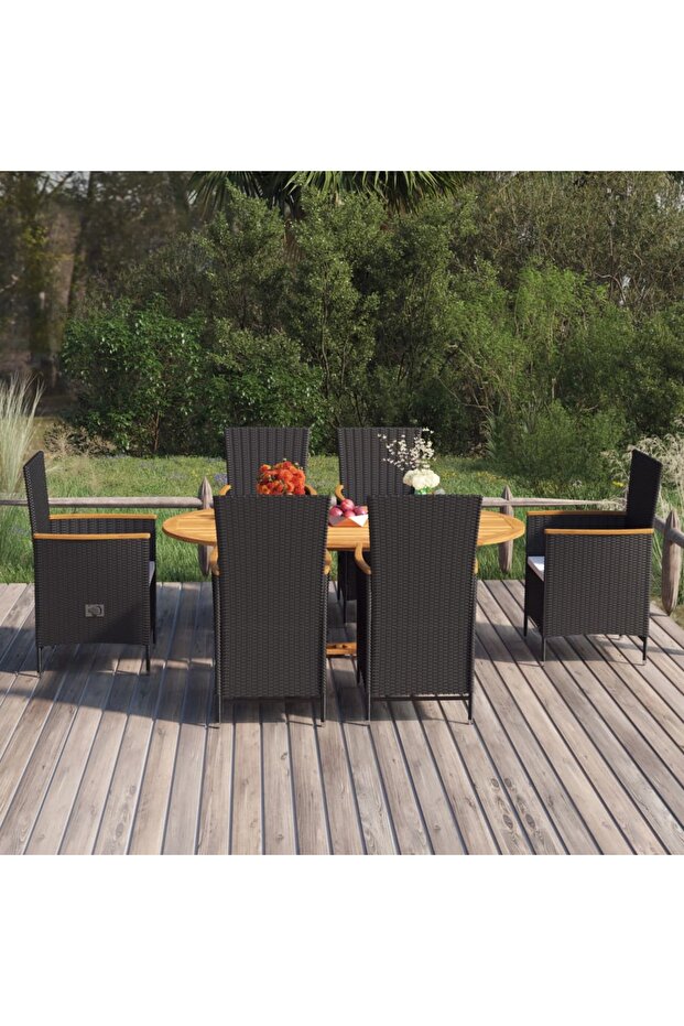 7 Piece Garden Dining Set Poly Rattan Black