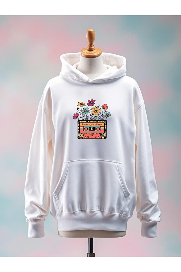 Printed Cotton 3 Thread Oversized White Sweatshirt