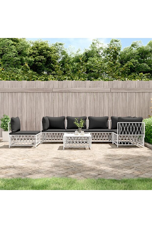 7 Piece Garden Lounge Set with Cushions White Steel
