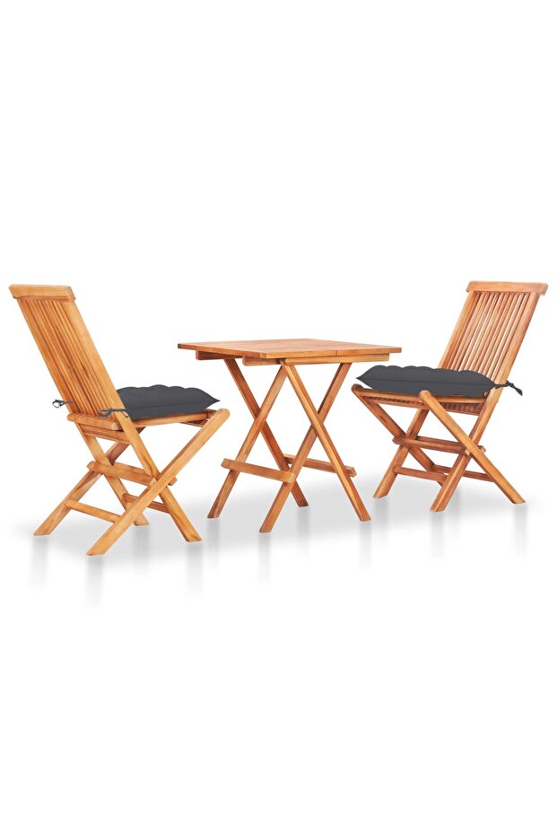3 Piece Bistro Set with Anthracite Cushions Solid Teak Wood