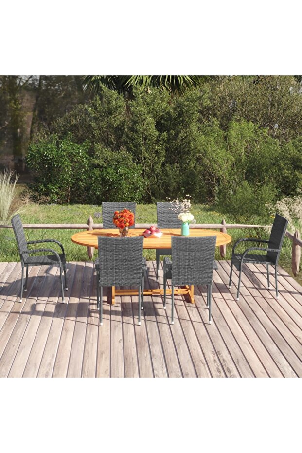 7 Piece Garden Dining Set Poly Rattan Grey
